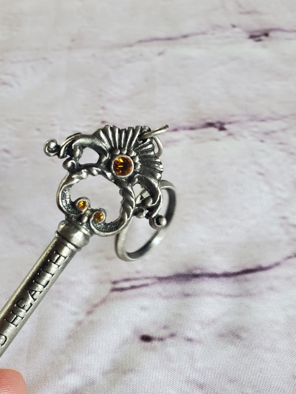 Silvertone Good Health Key Charm Skelton Vintage Decorative Key Amber Stones.